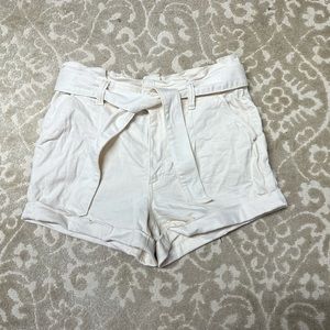 High waisted pleated white denim shorts
